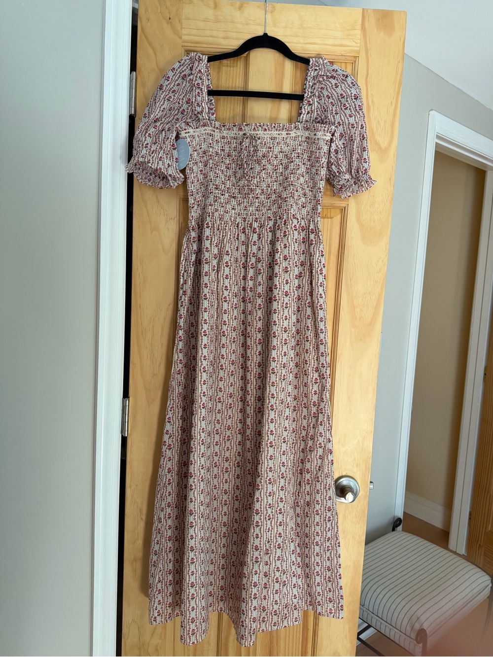 Smocked Square-Neck Maxi Dress in Red and Cream